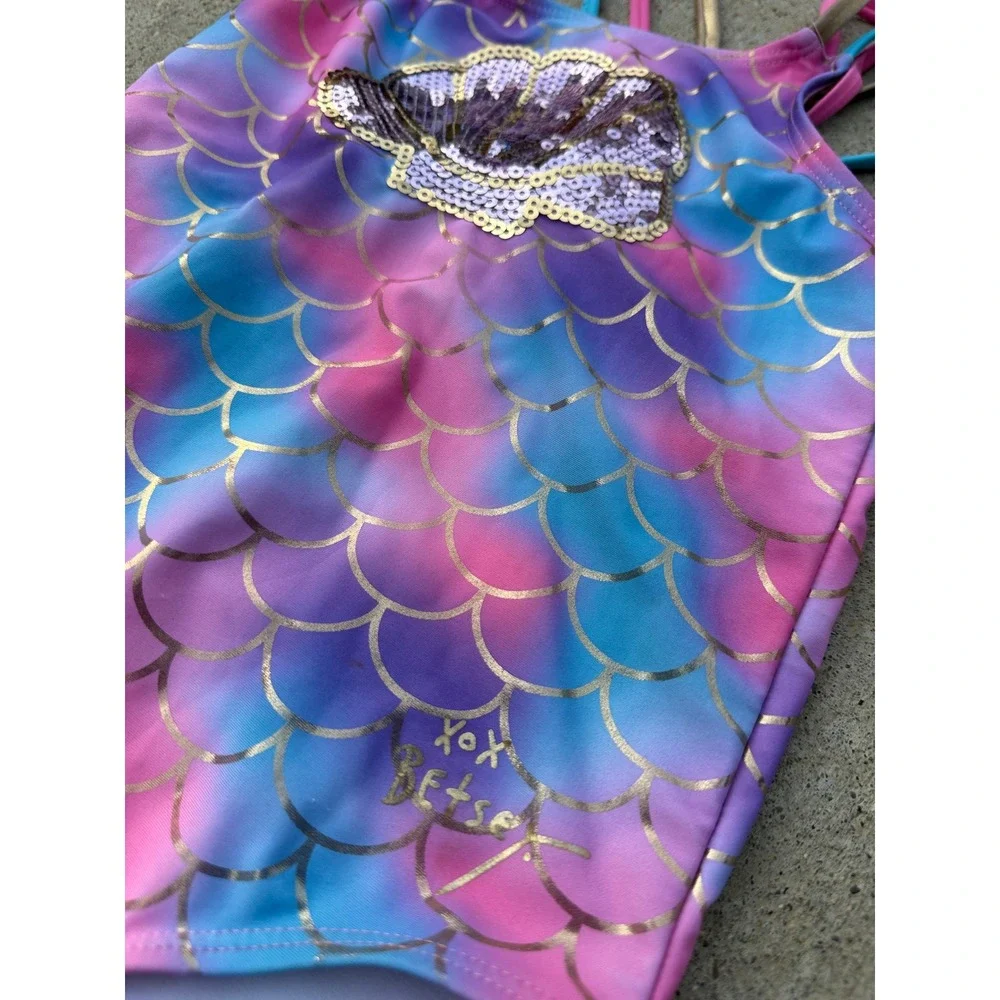 Betsey Johnson‎ Girls Mermaid Scale One Piece Swimsuit Pink Blue Sequin Shell 6X